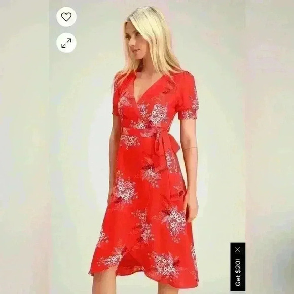 NWT Lulus All the Sweetness Red Floral Print Puff Sleeve Midi Wrap Dress - Picture 1 of 6